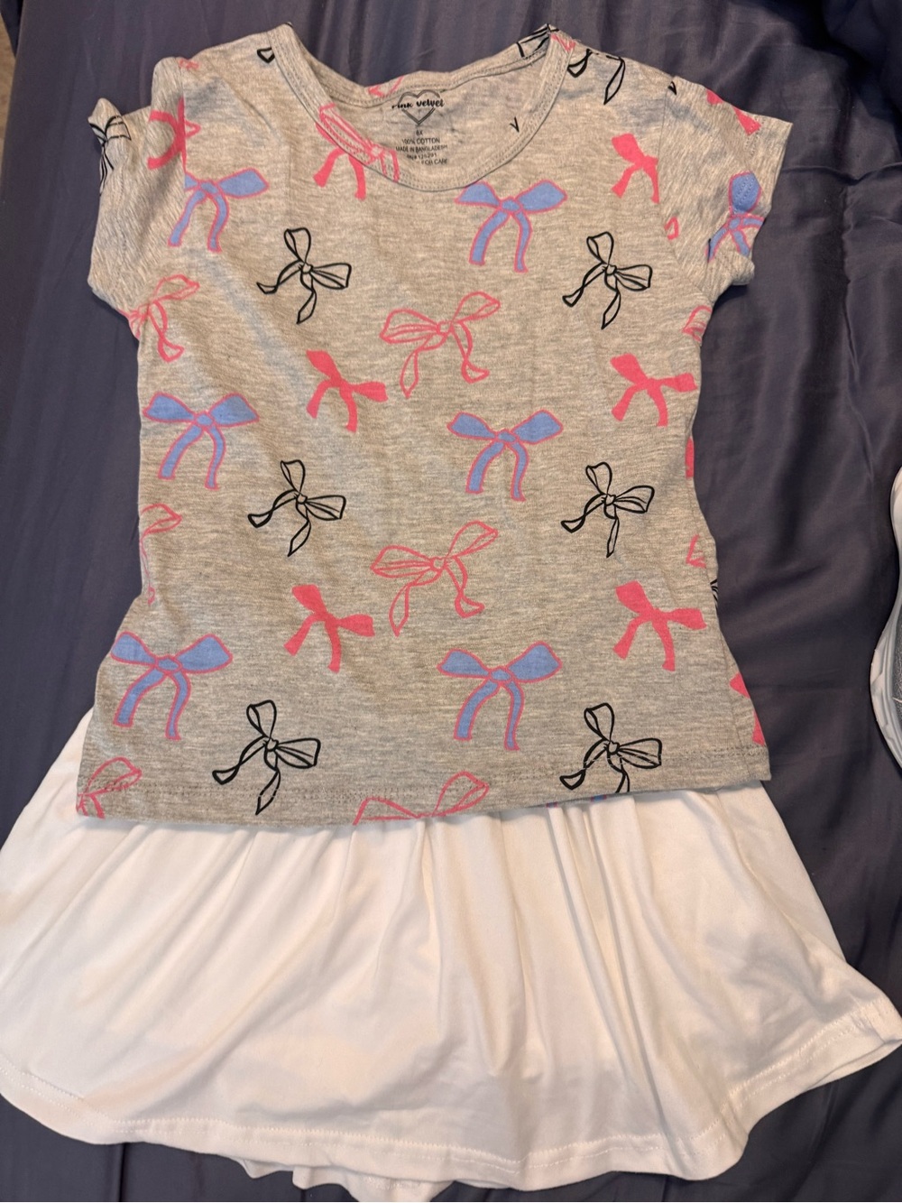Velvet Girls Gray Bow Print Top with White Skirt Set